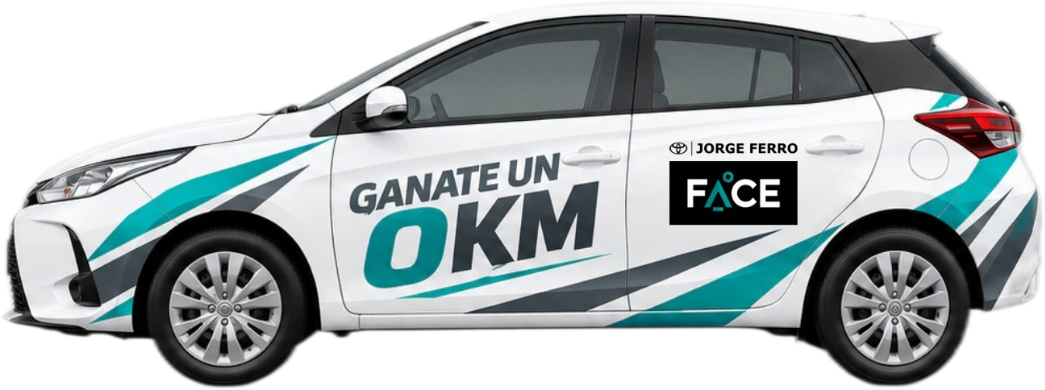 Toyota Yaris XS 0 km con los logos de FACE y Toyota Jorge Ferro
